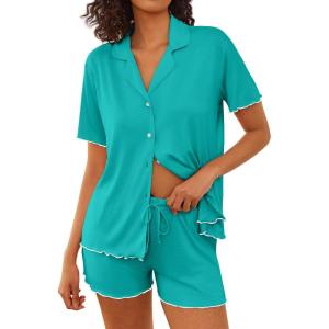 imageEkouaer Womens Pajama Sets Button Up Bride Pjs Set 2 Piece Soft Sleepwear Short Sleeve Lounge Sets with Shorts SXXLPeacock Blue