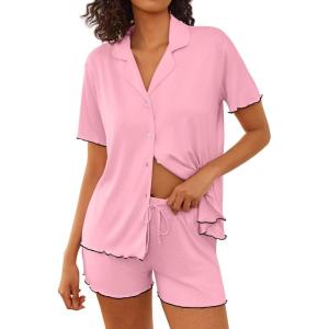 imageEkouaer Womens Pajama Sets Button Up Bride Pjs Set 2 Piece Soft Sleepwear Short Sleeve Lounge Sets with Shorts SXXLPink