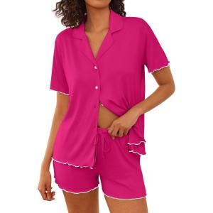 imageEkouaer Womens Pajama Sets Button Up Bride Pjs Set 2 Piece Soft Sleepwear Short Sleeve Lounge Sets with Shorts SXXLRose Red