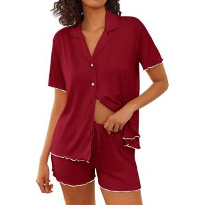 imageEkouaer Womens Pajama Sets Button Up Bride Pjs Set 2 Piece Soft Sleepwear Short Sleeve Lounge Sets with Shorts SXXLWine Red