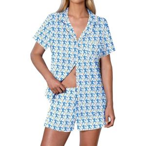 imageEkouaer Womens Ribbed Knit Pajama Set Short Sleeve Button Down Pj Set 2 Piece Lounge Set with Pockets Sleepwear SXXLBlue Monkey