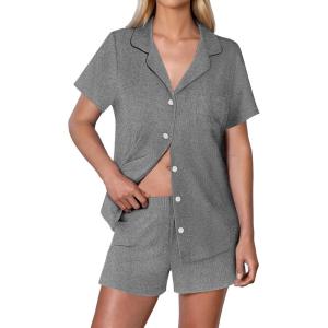 imageEkouaer Womens Ribbed Knit Pajama Set Short Sleeve Button Down Pj Set 2 Piece Lounge Set with Pockets Sleepwear SXXLLight Grey