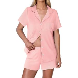 imageEkouaer Womens Ribbed Knit Pajama Set Short Sleeve Button Down Pj Set 2 Piece Lounge Set with Pockets Sleepwear SXXLLight Pink