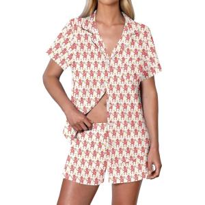 imageEkouaer Womens Ribbed Knit Pajama Set Short Sleeve Button Down Pj Set 2 Piece Lounge Set with Pockets Sleepwear SXXLPink Monkey