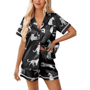 imageEkouaer Womens Silk Pajama Sets Button Up Satin Pjs Short Sleeve 2 Piece Cute Loungewear Notch Collar with Chest PocketBlack Leopard