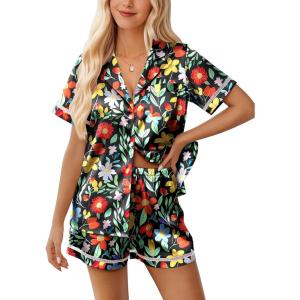 imageEkouaer Womens Silk Pajama Sets Button Up Satin Pjs Short Sleeve 2 Piece Cute Loungewear Notch Collar with Chest PocketFlowers