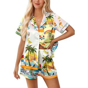 imageEkouaer Womens Silk Pajama Sets Button Up Satin Pjs Short Sleeve 2 Piece Cute Loungewear Notch Collar with Chest PocketHawaii