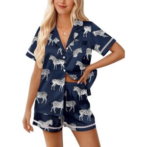 imageEkouaer Womens Silk Pajama Sets Button Up Satin Pjs Short Sleeve 2 Piece Cute Loungewear Notch Collar with Chest PocketNavy Blue Zebra