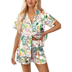 imageEkouaer Womens Silk Pajama Sets Button Up Satin Pjs Short Sleeve 2 Piece Cute Loungewear Notch Collar with Chest PocketPink Forest