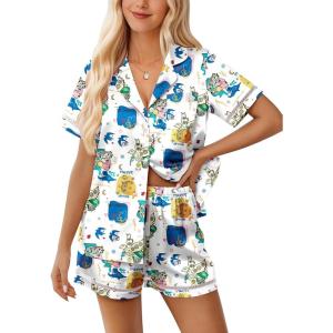 imageEkouaer Womens Silk Pajama Sets Button Up Satin Pjs Short Sleeve 2 Piece Cute Loungewear Notch Collar with Chest PocketQueen Picasso