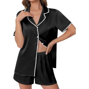 imageEkouaer Womens Silk Satin Pajama Set Short Sleeve PJs 2 Piece Lounge Set Button Down Top and Shorts Soft SleepwearBlack