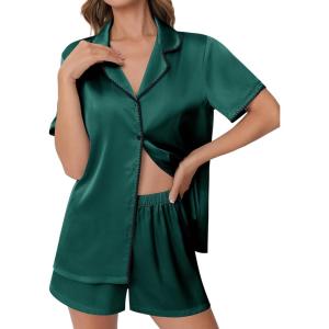 imageEkouaer Womens Silk Satin Pajama Set Short Sleeve PJs 2 Piece Lounge Set Button Down Top and Shorts Soft SleepwearLake Green