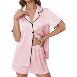 imageEkouaer Womens Silk Satin Pajama Set Short Sleeve PJs 2 Piece Lounge Set Button Down Top and Shorts Soft SleepwearLight Pink