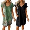 imageEkouaer Womens 2 Pack Nightgown V Neck Sleepshirt Short Sleeve Nightshirt PlainFloral Pajama Dress with PocketsBlack and Green Floral