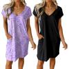 imageEkouaer Womens 2 Pack Nightgown V Neck Sleepshirt Short Sleeve Nightshirt PlainFloral Pajama Dress with PocketsBlack and Stars