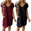 imageEkouaer Womens 2 Pack Nightgown V Neck Sleepshirt Short Sleeve Nightshirt PlainFloral Pajama Dress with PocketsBlack and Wine Red