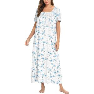 imageEkouaer Cotton Nightgowns for Women Short Sleeve Sleepshirt Ladies Victorain Sleepwear Gown Soft Loungewear with PocketsBlue Floral