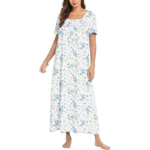 imageEkouaer Cotton Nightgowns for Women Short Sleeve Sleepshirt Ladies Victorain Sleepwear Gown Soft Loungewear with PocketsBlue Flower