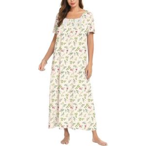 imageEkouaer Cotton Nightgowns for Women Short Sleeve Sleepshirt Ladies Victorain Sleepwear Gown Soft Loungewear with PocketsGreen Leaf