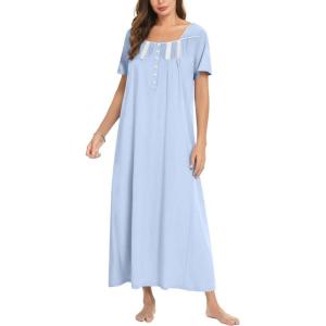 imageEkouaer Cotton Nightgowns for Women Short Sleeve Sleepshirt Ladies Victorain Sleepwear Gown Soft Loungewear with PocketsLight Blue