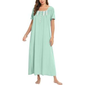 imageEkouaer Cotton Nightgowns for Women Short Sleeve Sleepshirt Ladies Victorain Sleepwear Gown Soft Loungewear with PocketsMint Green