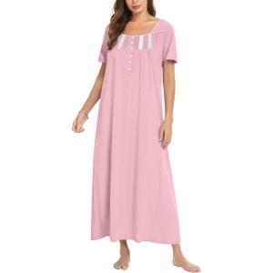 imageEkouaer Cotton Nightgowns for Women Short Sleeve Sleepshirt Ladies Victorain Sleepwear Gown Soft Loungewear with PocketsPink