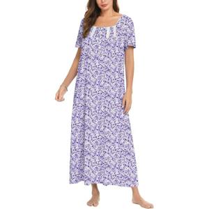 imageEkouaer Cotton Nightgowns for Women Short Sleeve Sleepshirt Ladies Victorain Sleepwear Gown Soft Loungewear with PocketsPurple