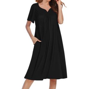 imageEkouaer Nightgowns for Women Short Sleeve Night Gown with Pockets Ladies Night Dress Pleated Sleep Shirts Soft SleepwearBlack