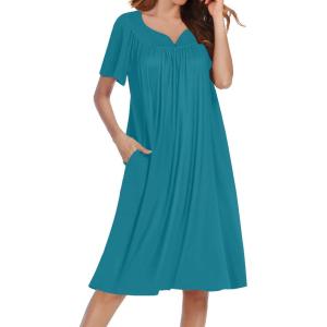 imageEkouaer Nightgowns for Women Short Sleeve Night Gown with Pockets Ladies Night Dress Pleated Sleep Shirts Soft SleepwearBlue Green