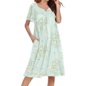 imageEkouaer Nightgowns for Women Short Sleeve Night Gown with Pockets Ladies Night Dress Pleated Sleep Shirts Soft SleepwearGreen Floral