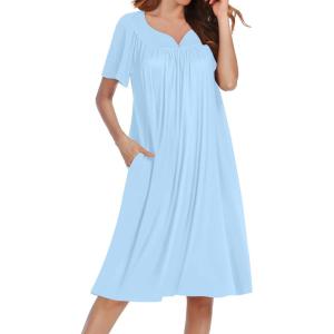imageEkouaer Nightgowns for Women Short Sleeve Night Gown with Pockets Ladies Night Dress Pleated Sleep Shirts Soft SleepwearLight Blue