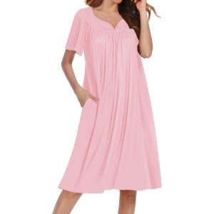 imageEkouaer Nightgowns for Women Short Sleeve Night Gown with Pockets Ladies Night Dress Pleated Sleep Shirts Soft SleepwearLight Pink