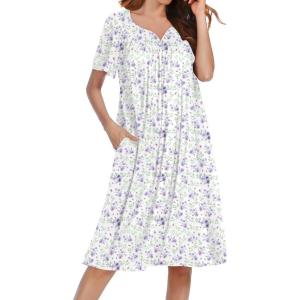 imageEkouaer Nightgowns for Women Short Sleeve Night Gown with Pockets Ladies Night Dress Pleated Sleep Shirts Soft SleepwearPurple Flower