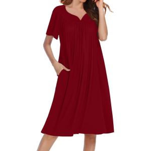 imageEkouaer Nightgowns for Women Short Sleeve Night Gown with Pockets Ladies Night Dress Pleated Sleep Shirts Soft SleepwearWine Red