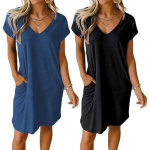 imageEkouaer Womens 2 Pack Nightgown V Neck Sleepshirt Short Sleeve Nightshirt PlainFloral Pajama Dress with PocketsBlack and Blue