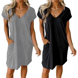 imageEkouaer Womens 2 Pack Nightgown V Neck Sleepshirt Short Sleeve Nightshirt PlainFloral Pajama Dress with PocketsBlack and Dark Grey