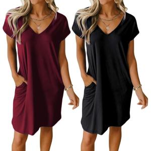 imageEkouaer Womens 2 Pack Nightgown V Neck Sleepshirt Short Sleeve Nightshirt PlainFloral Pajama Dress with PocketsBlack and Wine Red