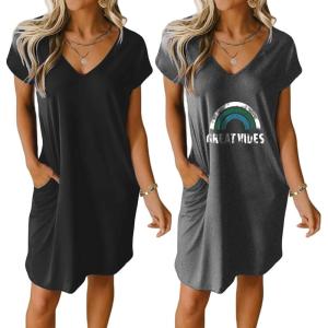 imageEkouaer Womens 2 Pack Nightgown V Neck Sleepshirt Short Sleeve Nightshirt PlainFloral Pajama Dress with PocketsBlackletter