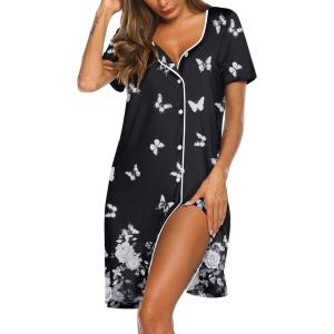 imageEkouaer Womens Nightgown Button Down Nightshirt Short Sleeve Sleepshirt Soft V Neck Sleepwear Pajama DressBlack Butterflys