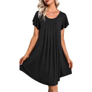 imageEkouaer Womens Nightgown Soft Sleepwear Pleated Sleepshirt Sleep Dress Short Sleeve Nightdress S3XLBlack