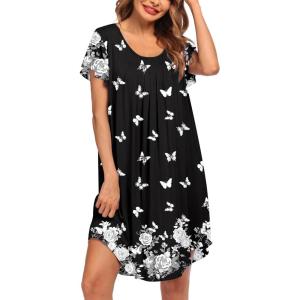 imageEkouaer Womens Nightgown Soft Sleepwear Pleated Sleepshirt Sleep Dress Short Sleeve Nightdress S3XLBlack White Butterfly