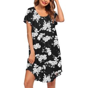 imageEkouaer Womens Nightgown Soft Sleepwear Pleated Sleepshirt Sleep Dress Short Sleeve Nightdress S3XLBlack White Flower