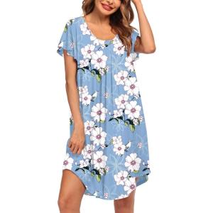 imageEkouaer Womens Nightgown Soft Sleepwear Pleated Sleepshirt Sleep Dress Short Sleeve Nightdress S3XLBlue White Flower