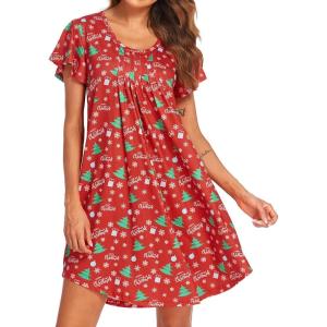 imageEkouaer Womens Nightgown Soft Sleepwear Pleated Sleepshirt Sleep Dress Short Sleeve Nightdress S3XLChristmas
