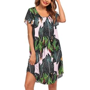 imageEkouaer Womens Nightgown Soft Sleepwear Pleated Sleepshirt Sleep Dress Short Sleeve Nightdress S3XLGreen Leaf