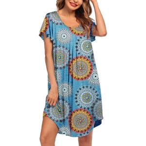 imageEkouaer Womens Nightgown Soft Sleepwear Pleated Sleepshirt Sleep Dress Short Sleeve Nightdress S3XLMandala