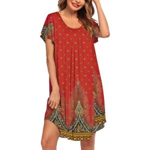 imageEkouaer Womens Nightgown Soft Sleepwear Pleated Sleepshirt Sleep Dress Short Sleeve Nightdress S3XLRed Plume