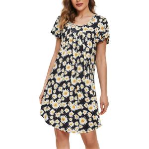 imageEkouaer Womens Nightgown Soft Sleepwear Pleated Sleepshirt Sleep Dress Short Sleeve Nightdress S3XLSun Flower
