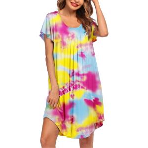 imageEkouaer Womens Nightgown Soft Sleepwear Pleated Sleepshirt Sleep Dress Short Sleeve Nightdress S3XLTie Dye