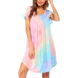 imageEkouaer Womens Nightgown Soft Sleepwear Pleated Sleepshirt Sleep Dress Short Sleeve Nightdress S3XLTie Dye Pink Blue